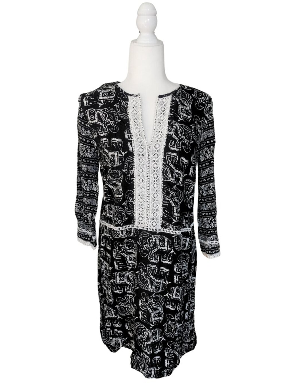 MERONA Black & White Elephant Print Long Sleeve Tunic Dress - Size Medium